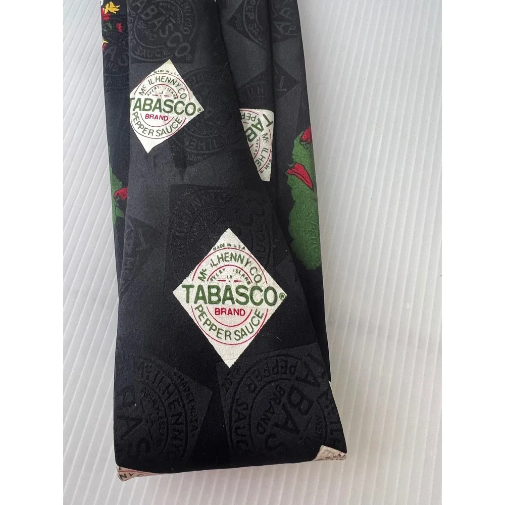 Tabasco Mens Silk Necktie‎ Black Novelty BBQ Grilling Hot Sauce Logo Print Tie